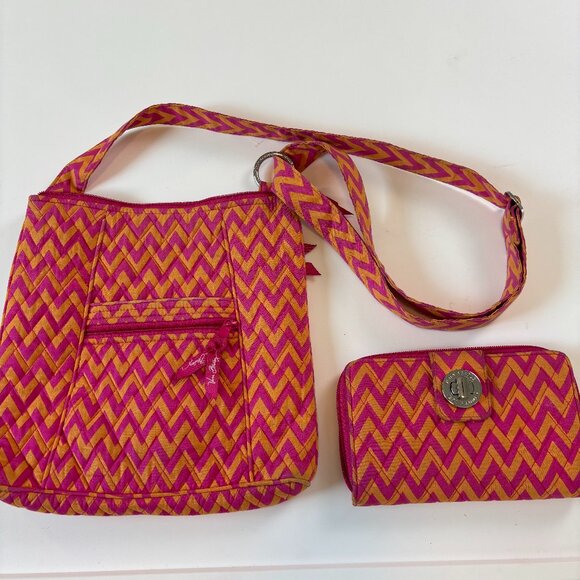Vera Bradley Matched Set Zigzag Quilted Crossbody Bag Wallet Set Pink/Orange - Picture 1 of 12